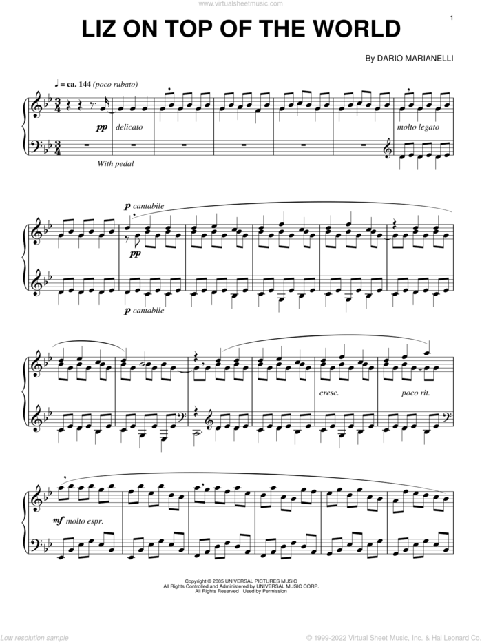 Liz On Top Of The World (from Pride And Prejudice), (intermediate) sheet music for piano solo by Dario Marianelli and Pride & Prejudice (Movie), intermediate skill level