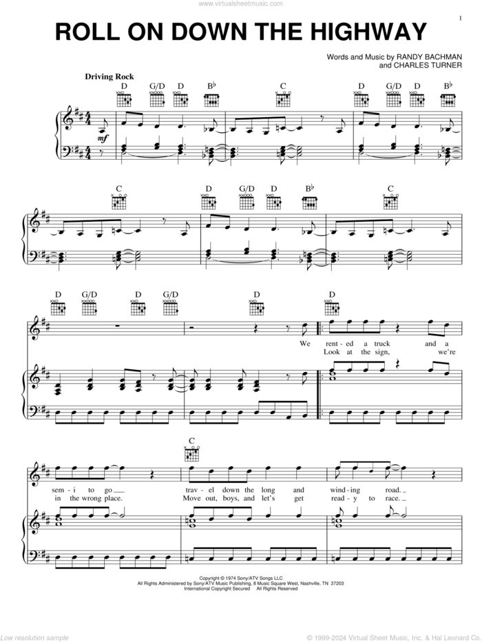 Roll On Down The Highway sheet music for voice, piano or guitar by Bachman-Turner Overdrive, Charles Turner and Randy Bachman, intermediate skill level