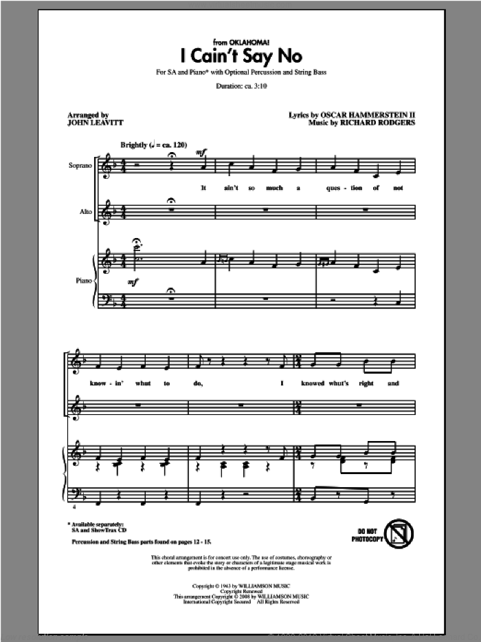 I Cain't Say No (from Oklahoma!) (arr. John Leavitt) sheet music for choir (2-Part) by Rodgers & Hammerstein and John Leavitt, intermediate duet
