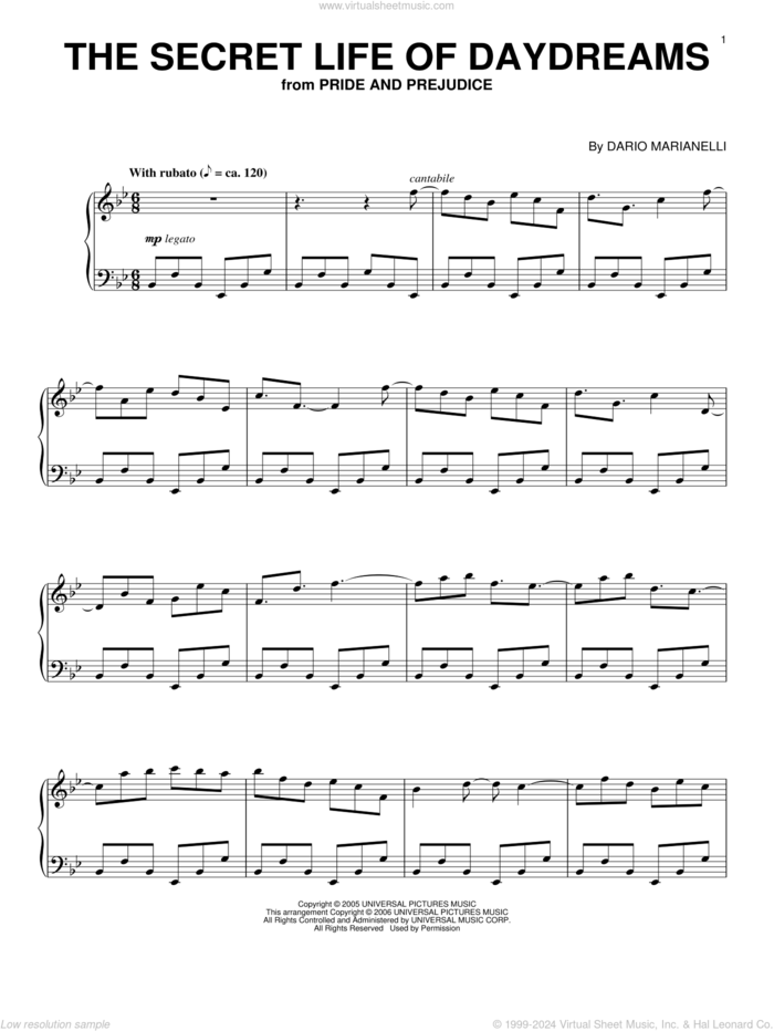 The Secret Life Of Daydreams (from Pride And Prejudice) sheet music for piano solo by Dario Marianelli and Pride & Prejudice (Movie), intermediate skill level