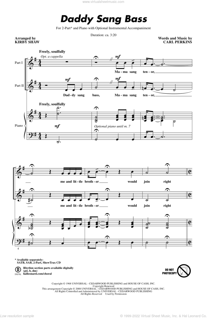 Daddy Sang Bass sheet music for choir (2-Part) by Kirby Shaw, intermediate duet
