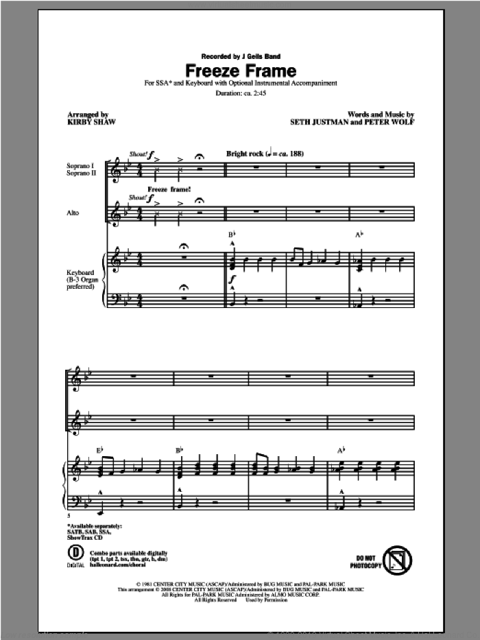 Freeze Frame sheet music for choir (SSA: soprano, alto) by Kirby Shaw and J. Geils Band, intermediate skill level