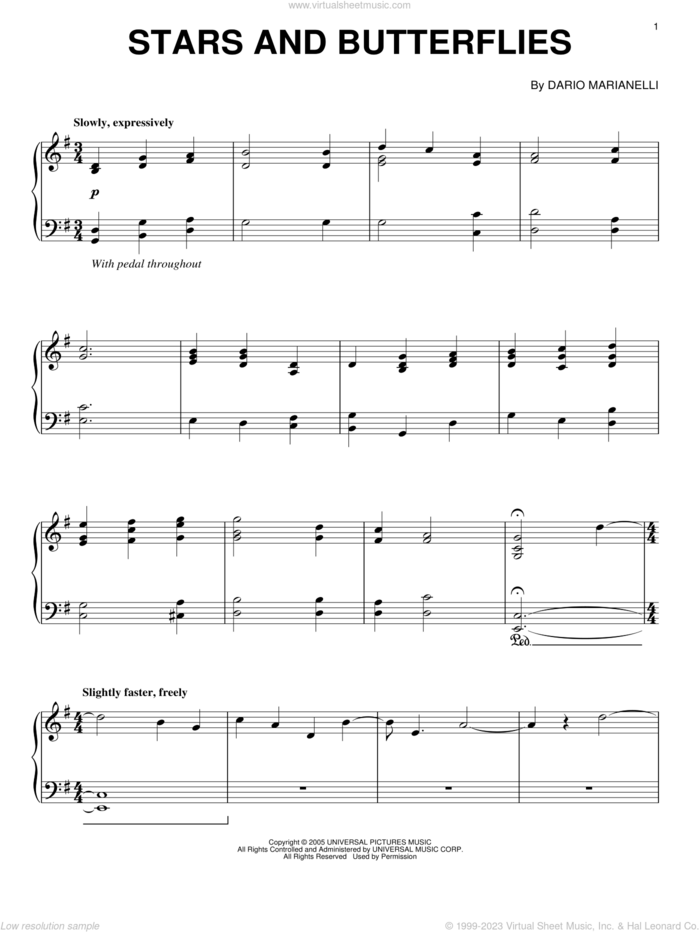 Stars And Butterflies (from Pride And Prejudice) sheet music for piano solo by Dario Marianelli and Pride & Prejudice (Movie), intermediate skill level