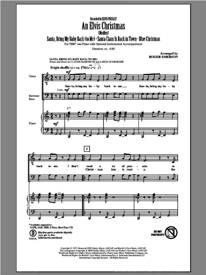 An Elvis Christmas sheet music for choir (TBB: tenor, bass) by Elvis Presley and Roger Emerson, intermediate skill level
