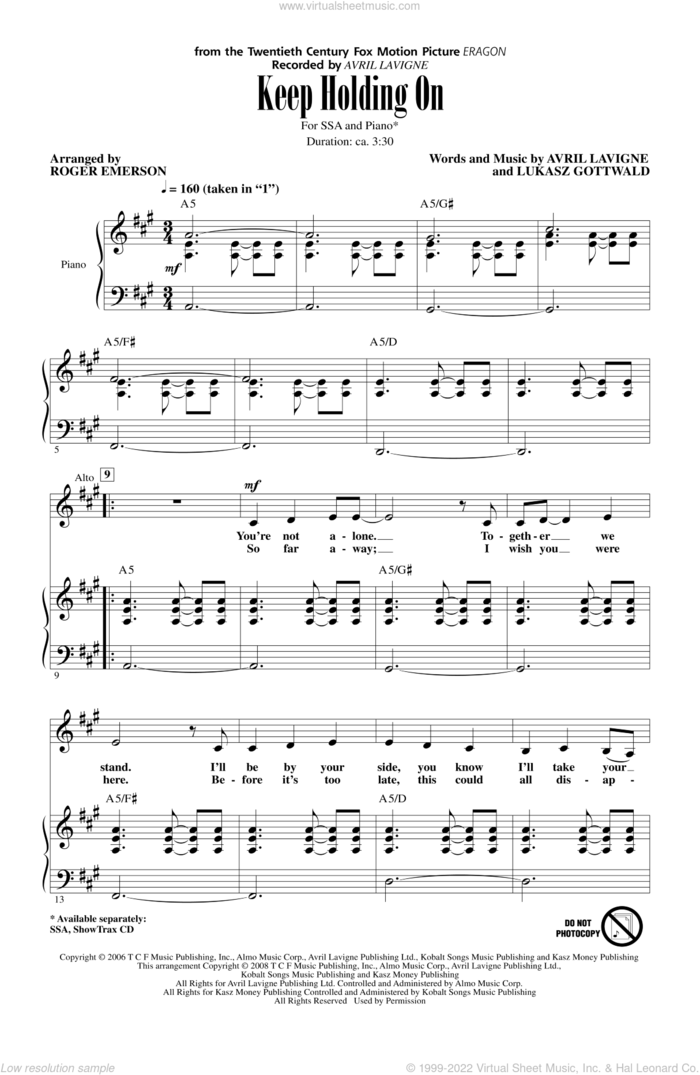 Keep Holding On sheet music for choir (SSA: soprano, alto) by Roger Emerson, intermediate skill level
