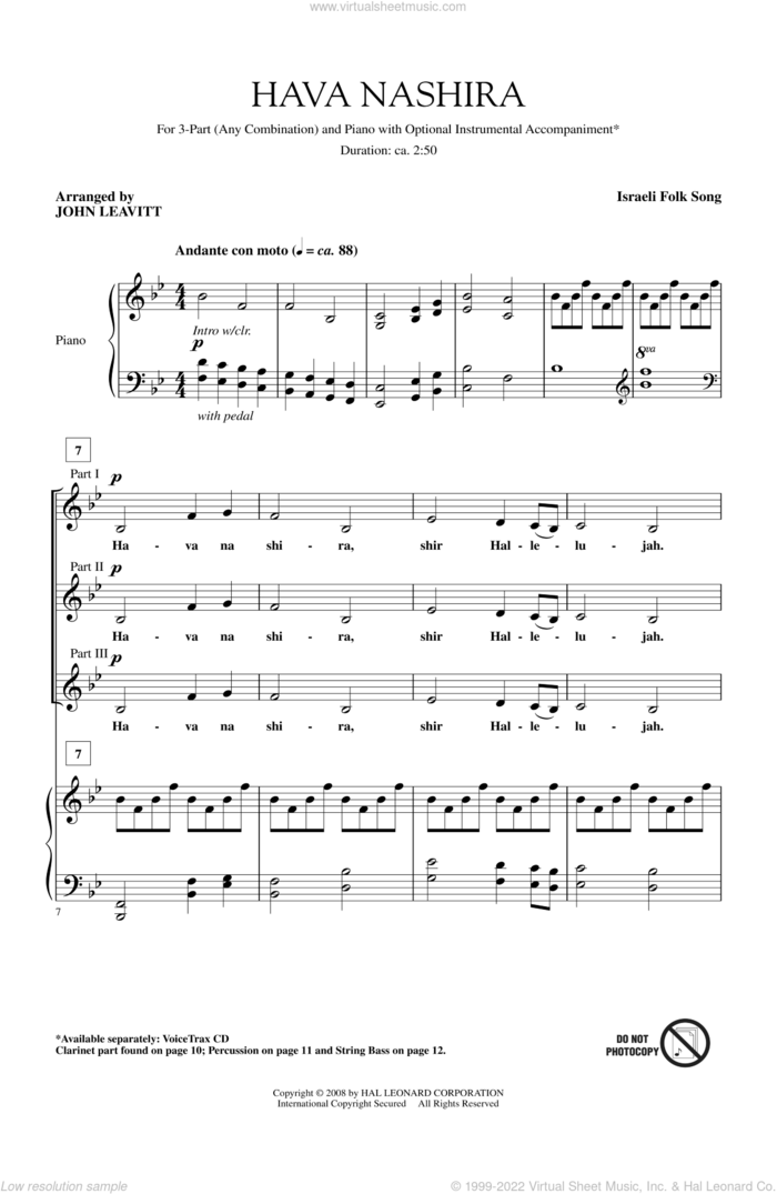 Hava Nashira sheet music for choir (3-Part Mixed) by John Leavitt, intermediate skill level