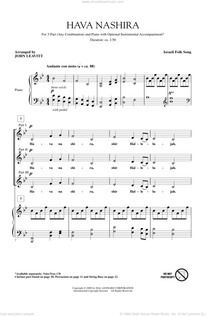 Hava Nashira sheet music for choir (3-Part Mixed) by John Leavitt, intermediate skill level