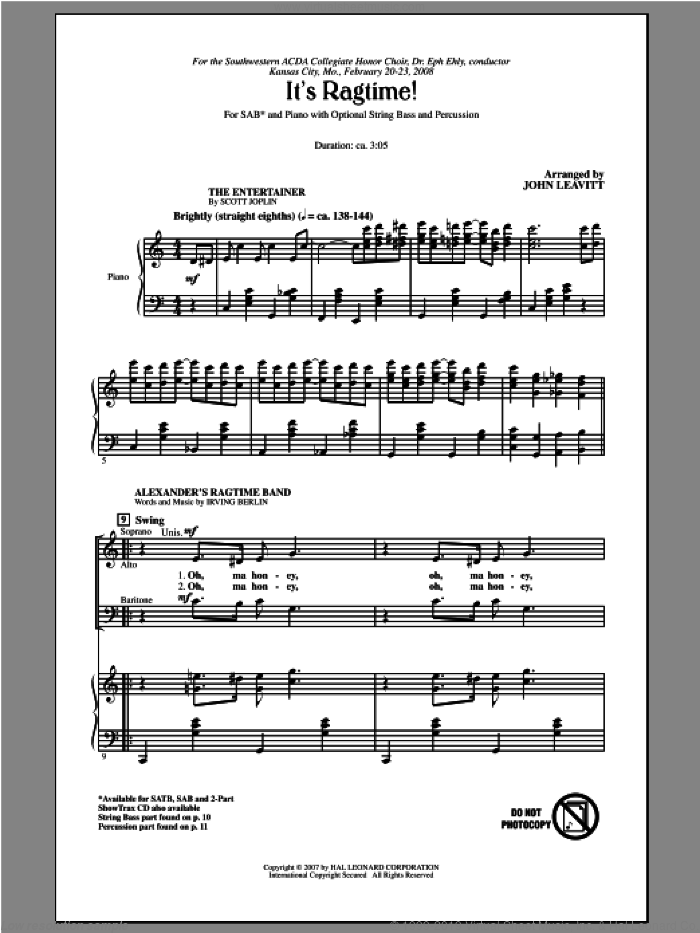 It's Ragtime! sheet music for choir (SAB: soprano, alto, bass) by John Leavitt, intermediate skill level