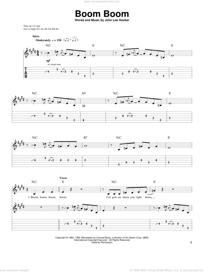 Boom Boom sheet music for guitar (tablature, play-along) by John Lee Hooker, Big Head Todd & The Monsters, Eric Clapton and The Animals, intermediate skill level
