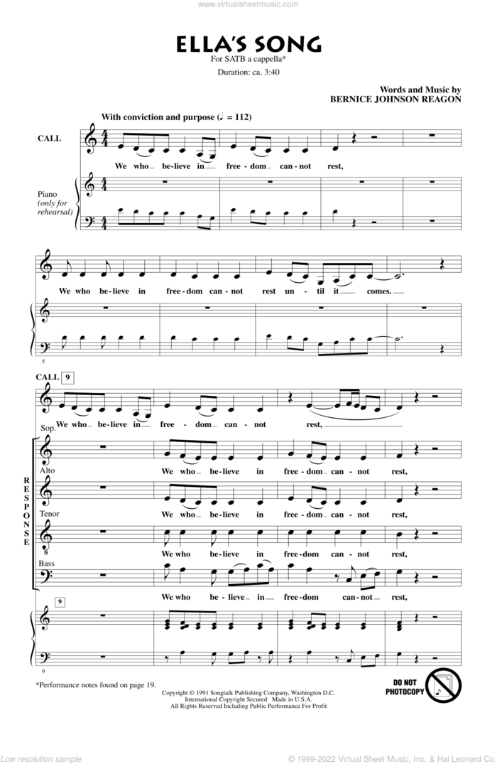 Ella's Song sheet music for choir (SATB: soprano, alto, tenor, bass) by Bernice Johnson Reagon and Sweet Honey In The Rock, intermediate skill level