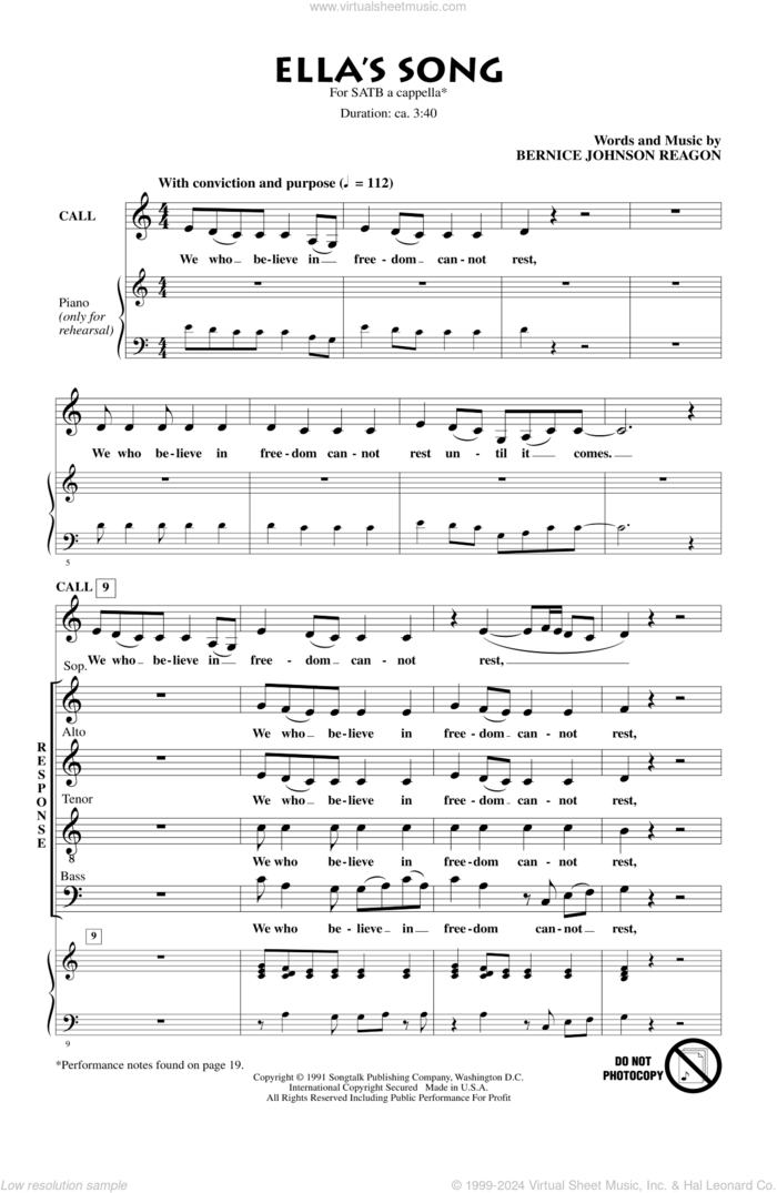 Ella's Song sheet music for choir (SATB: soprano, alto, tenor, bass) by Bernice Johnson Reagon and Sweet Honey In The Rock, intermediate skill level