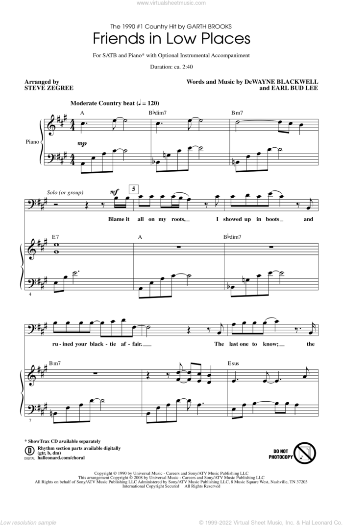 Friends In Low Places sheet music for choir (SATB: soprano, alto, tenor, bass) by Garth Brooks and Steve Zegree, intermediate skill level