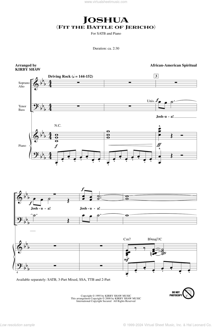 Joshua (Fit The Battle Of Jericho) sheet music for choir (SATB: soprano, alto, tenor, bass) by Kirby Shaw, intermediate skill level