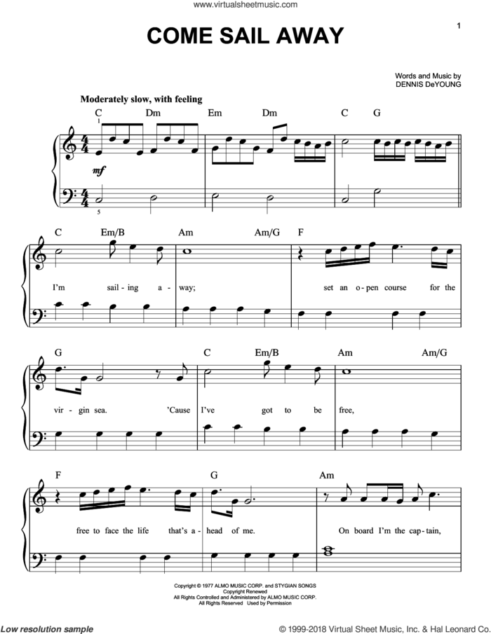 Come Sail Away, (beginner) sheet music for piano solo by Styx, beginner skill level