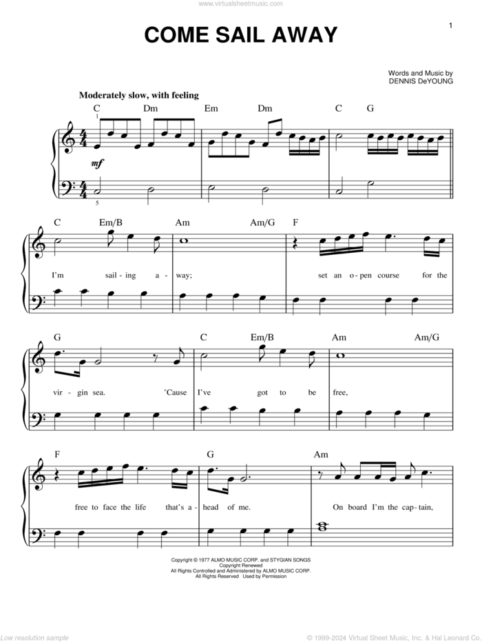 Come Sail Away, (beginner) sheet music for piano solo by Styx, beginner skill level