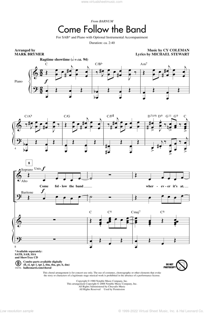 Come Follow The Band sheet music for choir (SAB: soprano, alto, bass) by Mark Brymer, intermediate skill level