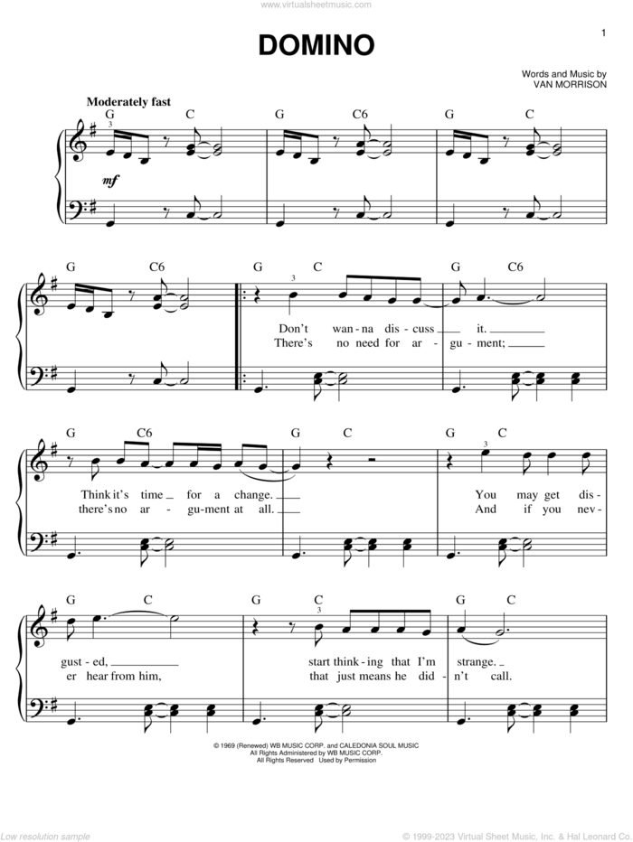 Domino sheet music for piano solo by Van Morrison, easy skill level