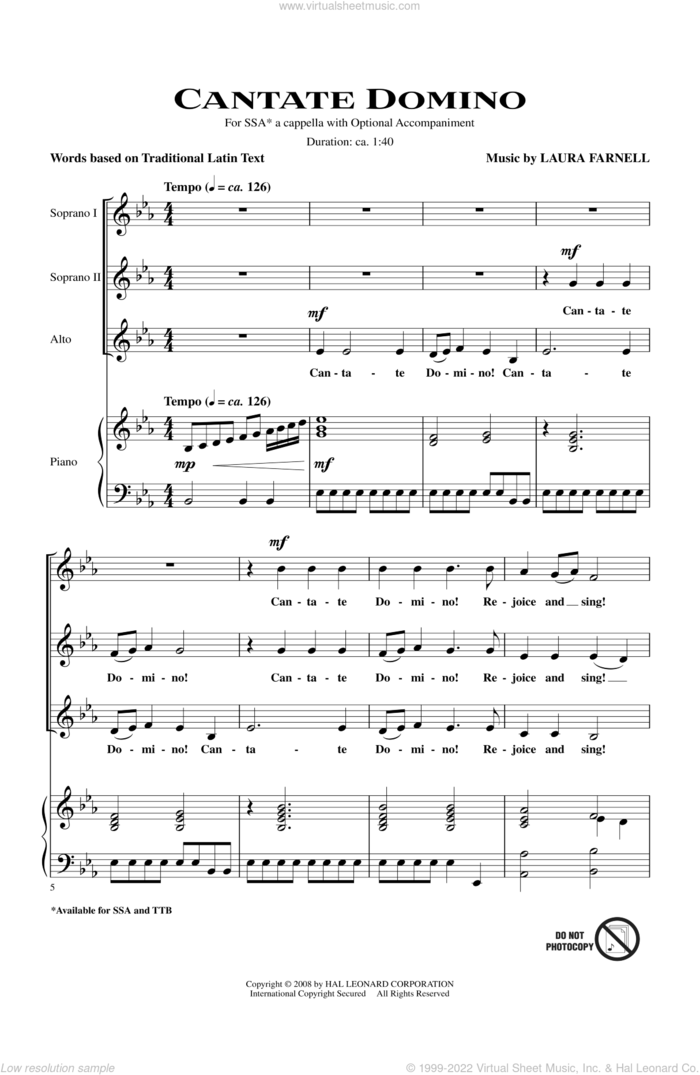 Cantate Domino sheet music for choir (SSA: soprano, alto) by Laura Farnell, intermediate skill level