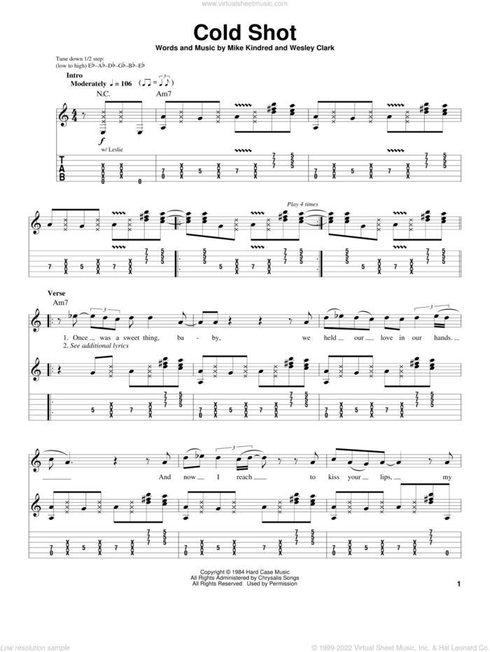 Cold Shot sheet music for guitar (tablature, play-along) by Stevie Ray Vaughan, Mike Kindred and Wesley Clark, intermediate skill level
