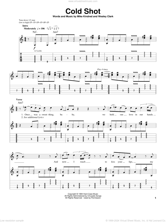 Cold Shot sheet music for guitar (tablature, play-along) by Stevie Ray Vaughan, Mike Kindred and Wesley Clark, intermediate skill level