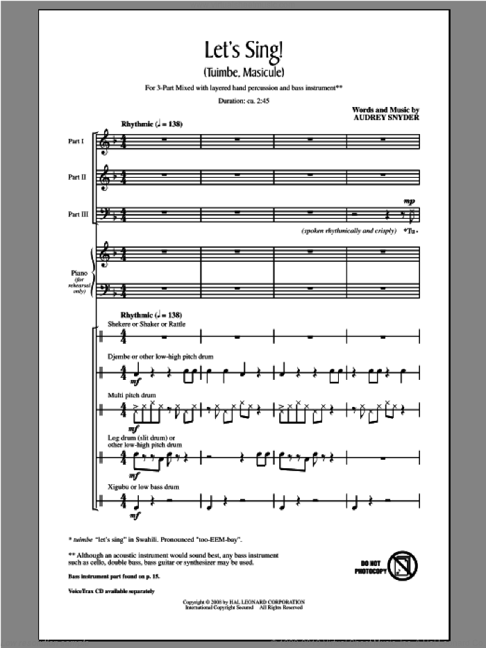 Let's Sing (Tuimbe, Masicule) sheet music for choir (3-Part Mixed) by Audrey Snyder, intermediate skill level