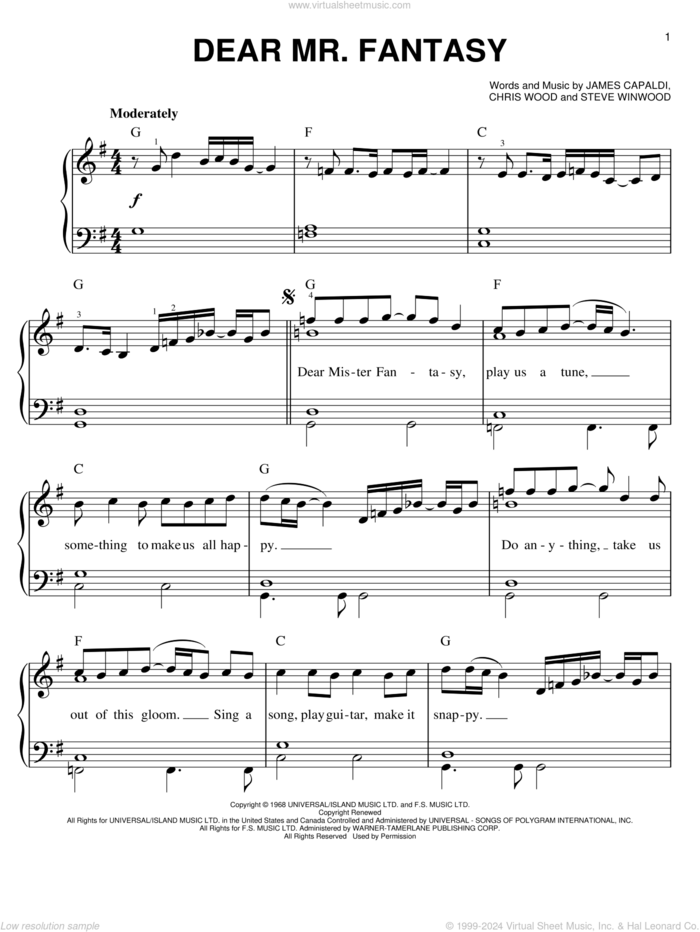 Dear Mr. Fantasy sheet music for piano solo by Traffic, easy skill level