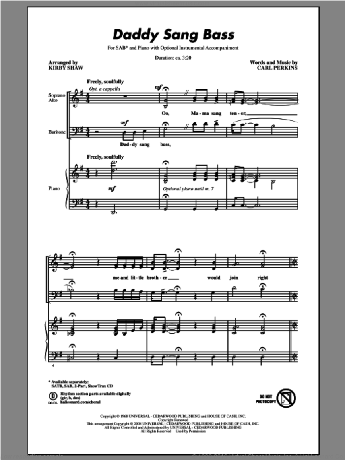 Daddy Sang Bass sheet music for choir (SAB: soprano, alto, bass) by Kirby Shaw, intermediate skill level