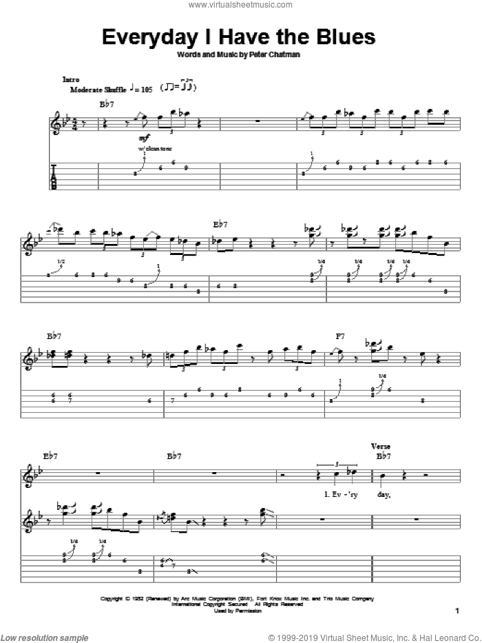 Everyday I Have The Blues sheet music for guitar (tablature, play-along) by B.B. King and Peter Chatman, intermediate skill level