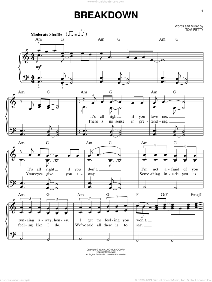 Breakdown sheet music for piano solo by Tom Petty And The Heartbreakers and Tom Petty, easy skill level
