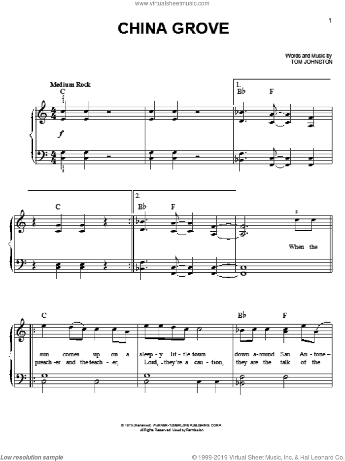 China Grove sheet music for piano solo by The Doobie Brothers, easy skill level