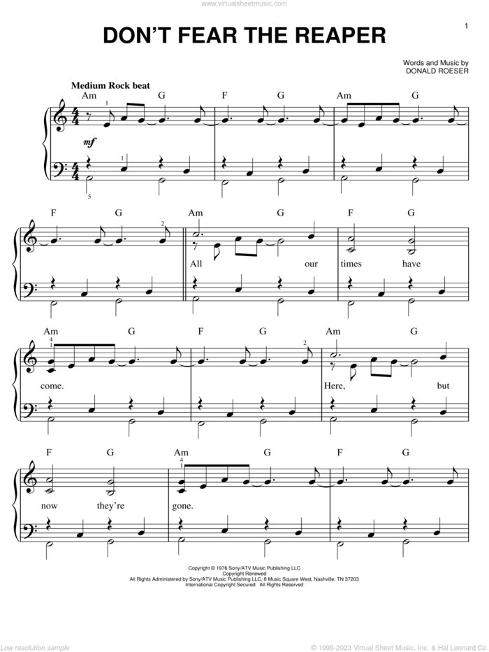 Don't Fear The Reaper sheet music for piano solo by Blue Oyster Cult, easy skill level