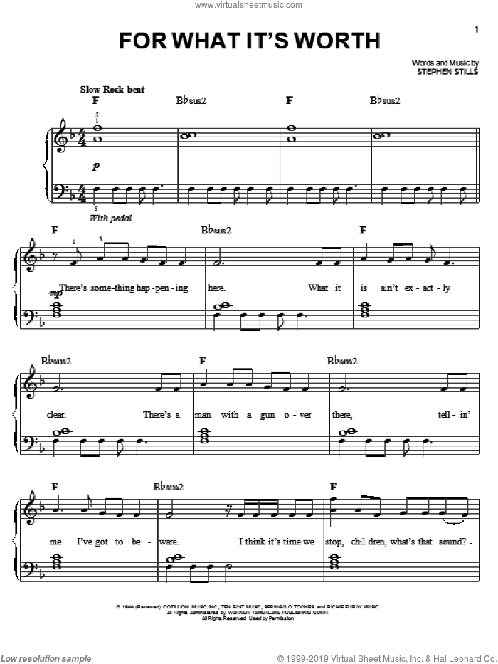 For What It's Worth sheet music for piano solo by Buffalo Springfield and Stephen Stills, easy skill level