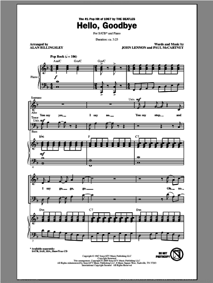 Hello, Goodbye (arr. Alan Billingsley) sheet music for choir (SATB: soprano, alto, tenor, bass) by The Beatles, Alan Billingsley, John Lennon and Paul McCartney, intermediate skill level