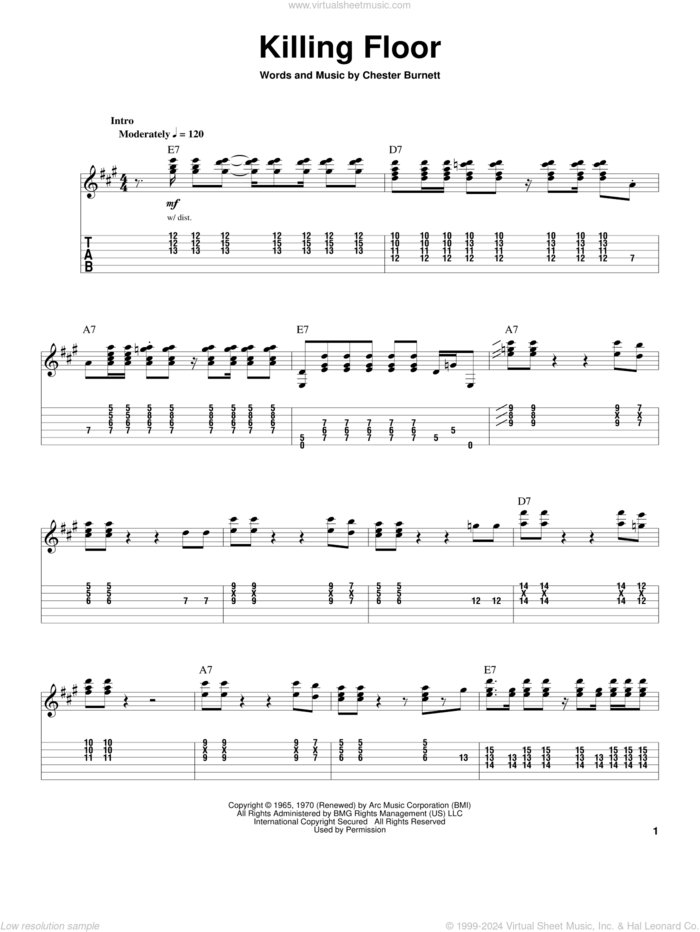 Killing Floor sheet music for guitar (tablature, play-along) by Howlin' Wolf, Albert King, Jimi Hendrix, Mike Bloomfield and Chester Burnett, intermediate skill level