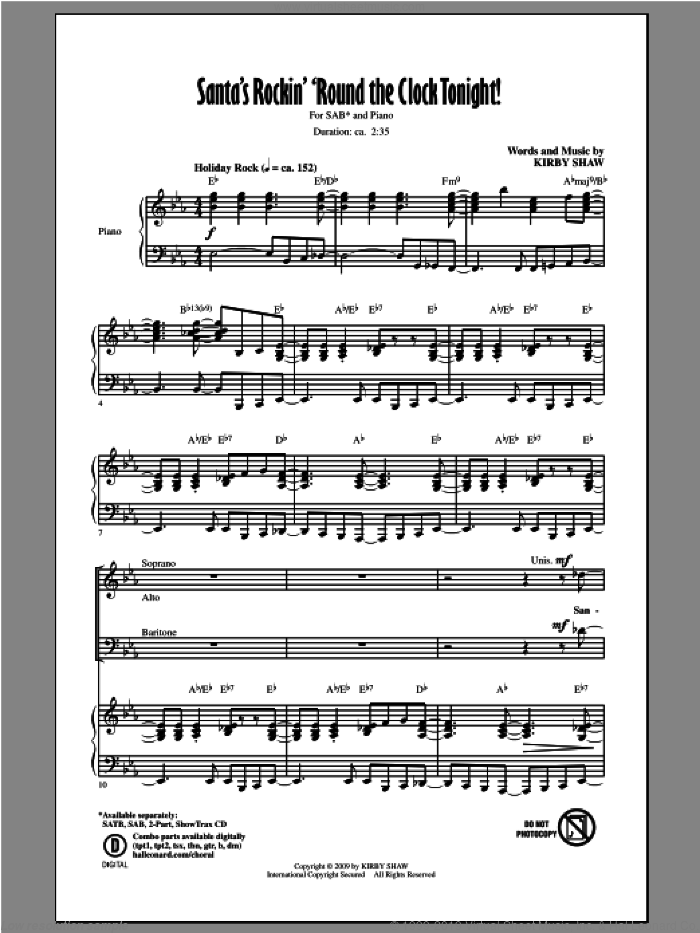 Santa's Rockin' 'Round The Clock Tonight! sheet music for choir (SAB: soprano, alto, bass) by Kirby Shaw, intermediate skill level