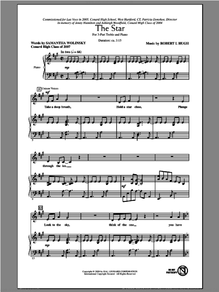 The Star sheet music for choir (3-Part Treble) by Robert Hugh, intermediate skill level