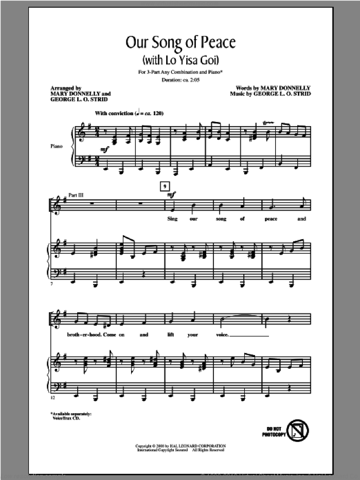 Our Song of Peace (with Lo Yisa Goi) sheet music for choir (3-Part Mixed) by Mary Donnelly and George L.O. Strid, intermediate skill level