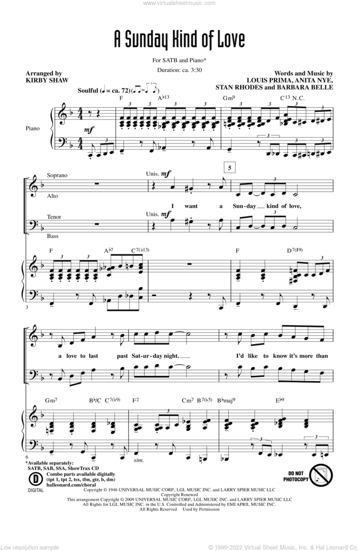 A Sunday Kind Of Love sheet music for choir (SATB: soprano, alto, tenor, bass) by Kirby Shaw, intermediate skill level