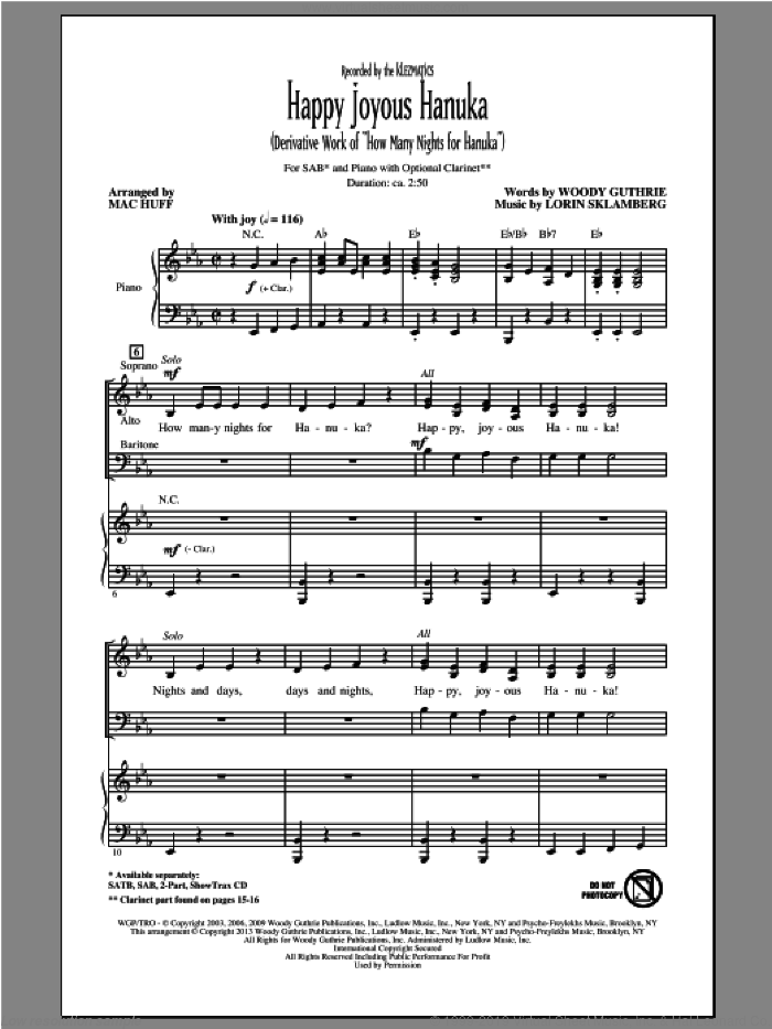 Happy Joyous Hanuka sheet music for choir (SAB: soprano, alto, bass) by Mac Huff and Klezmatics, intermediate skill level