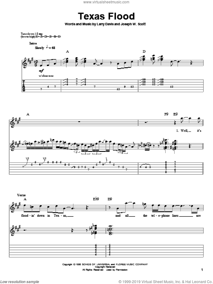 Texas Flood sheet music for guitar (tablature, play-along) by Larry Davis, Stevie Ray Vaughan and Josey Scott, intermediate skill level
