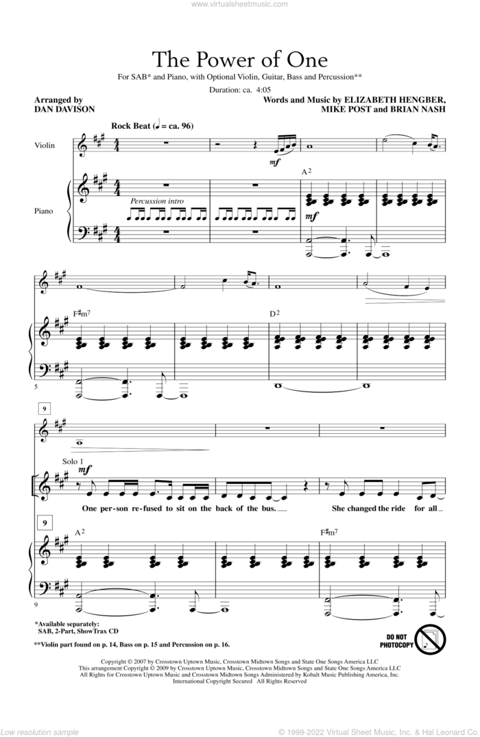 The Power Of One sheet music for choir (SAB: soprano, alto, bass) by Dan Davison, intermediate skill level