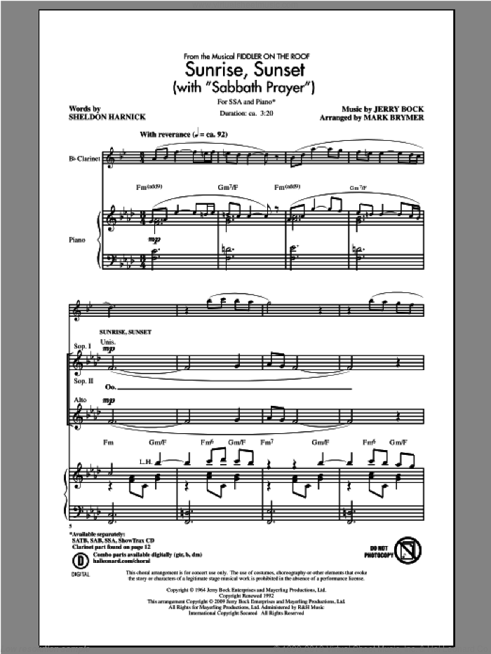 Sunrise, Sunset (with Sabbath Prayer) sheet music for choir (SSA: soprano, alto) by Mark Brymer and Sheldon Harnick & Jerry Bock, intermediate skill level