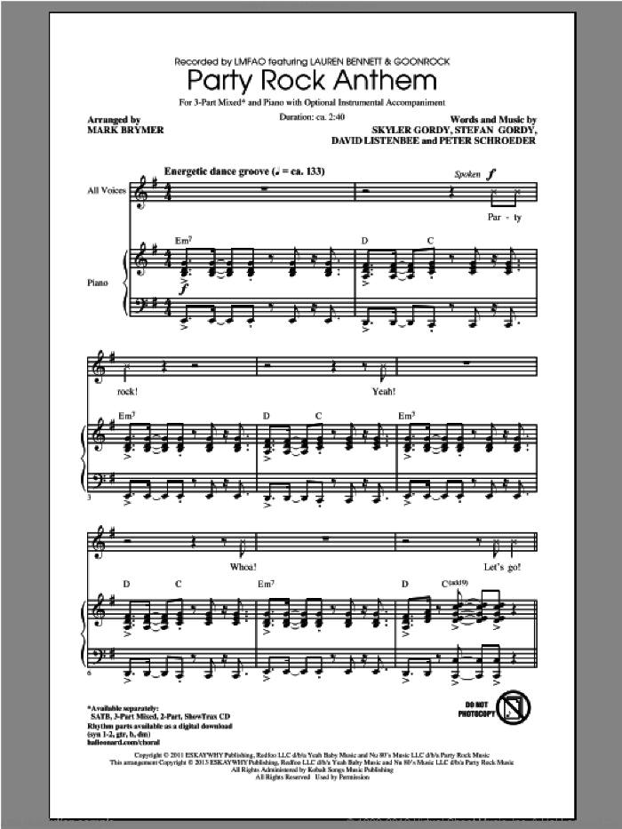 Party Rock Anthem sheet music for choir (3-Part Mixed) by Mark Brymer and LMFAO, intermediate skill level