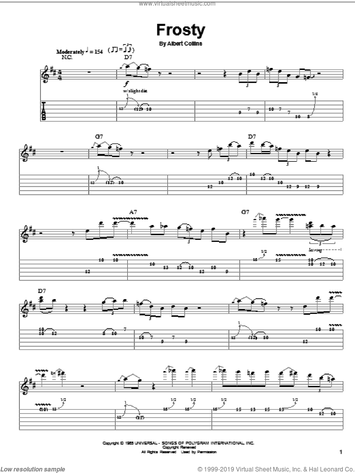 Frosty sheet music for guitar (tablature, play-along) by Albert Collins, intermediate skill level