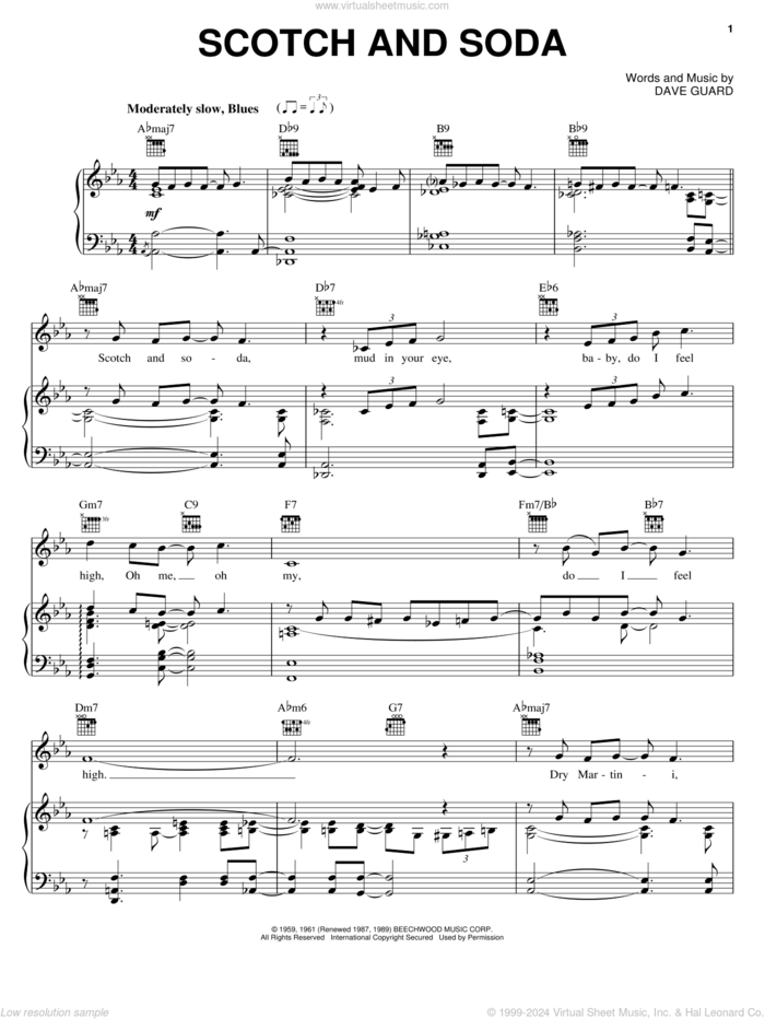 Scotch And Soda sheet music for voice, piano or guitar by The Kingston Trio and Dave Guard, intermediate skill level