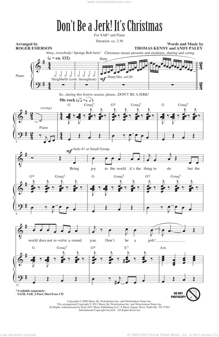Don't Be A Jerk It's Christmas sheet music for choir (3-Part Mixed) by Roger Emerson and SpongeBob SquarePants, intermediate skill level