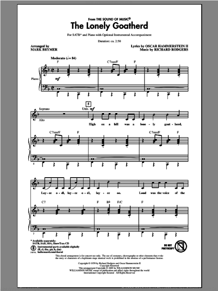 The Lonely Goatherd (from The Sound of Music) (arr. Mark Brymer) sheet music for choir (SATB: soprano, alto, tenor, bass) by Rodgers & Hammerstein and Mark Brymer, intermediate skill level