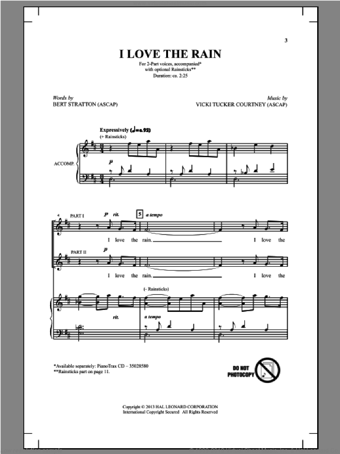I Love The Rain sheet music for choir (2-Part) by Vicki Tucker Courtney and Bert Stratton, intermediate duet