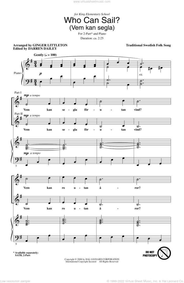Who Can Sail? (Vem Kan Segla) sheet music for choir (2-Part) by Ginger Littleton, intermediate duet