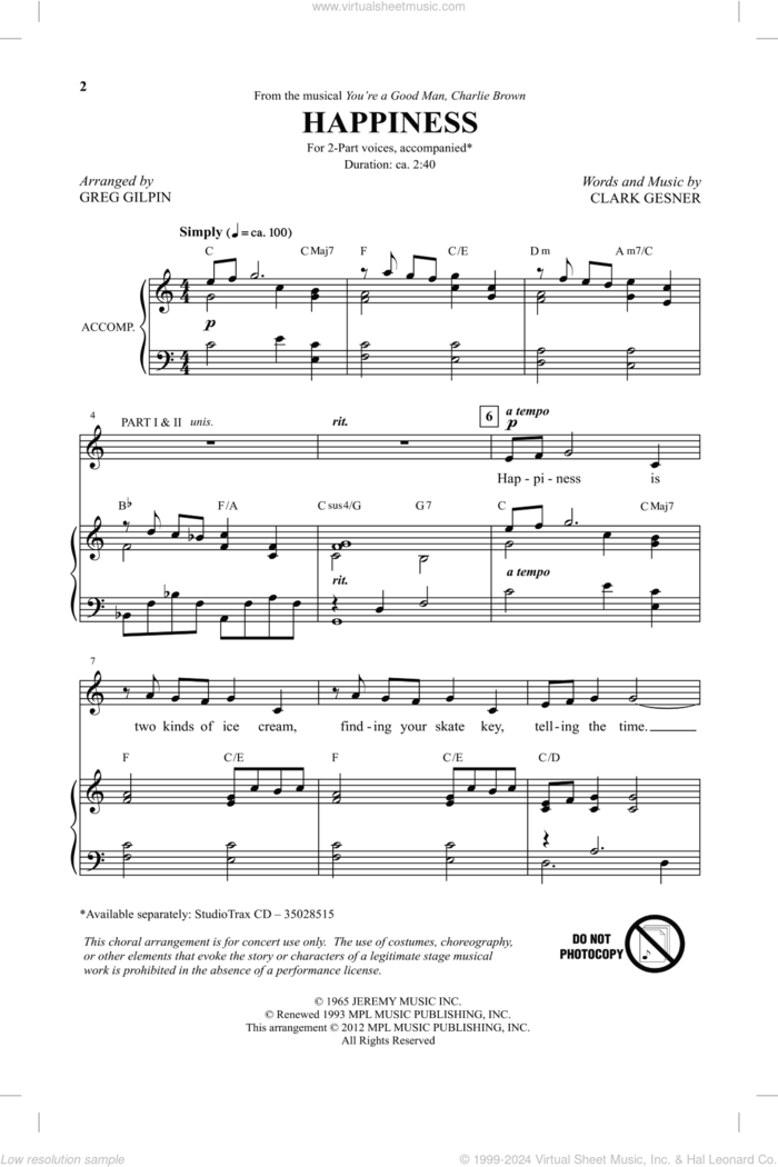 Happiness sheet music for choir (2-Part) by Greg Gilpin and Clark Gesner, intermediate duet